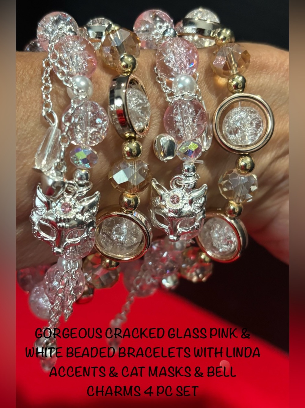 GORGEOUS WHITE & PINK CRACKED BEADED BRACELETS W/CAT MASK CHARMS & LINDA ACCENTS